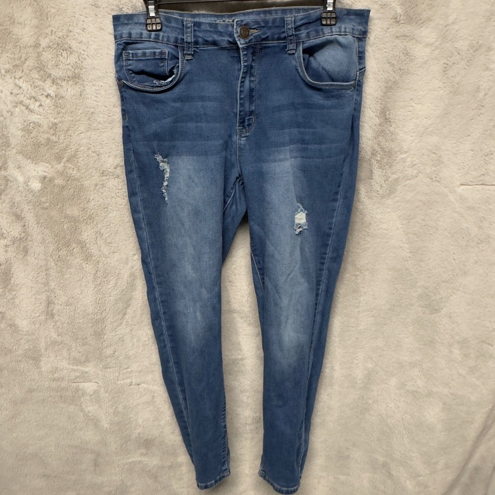 GOGO JEANS Women High Rise Ankle Distressed Blue Denim Skinny Jeans‎ Size 13 31